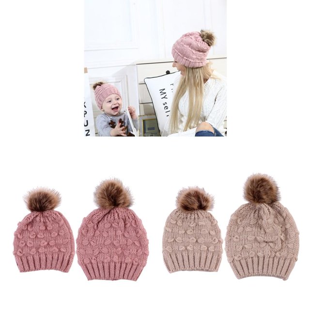 2 Kits Gorro Tejido de Punto con Pompones Sombrero Cálido Invierno Calentador de Oídos para Madres e bebés CUTICAT Sombrero abrigado de mamá y niños
