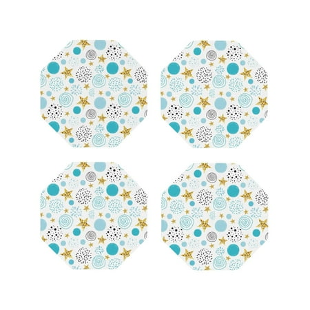 

Junzan Gold Stars Blue Dots Pattern Print Coasters for Drinks - Leather Coasters Set of 4 for Coffee Table for Housewarming/Kitchen/Bar/Decor-Octagon