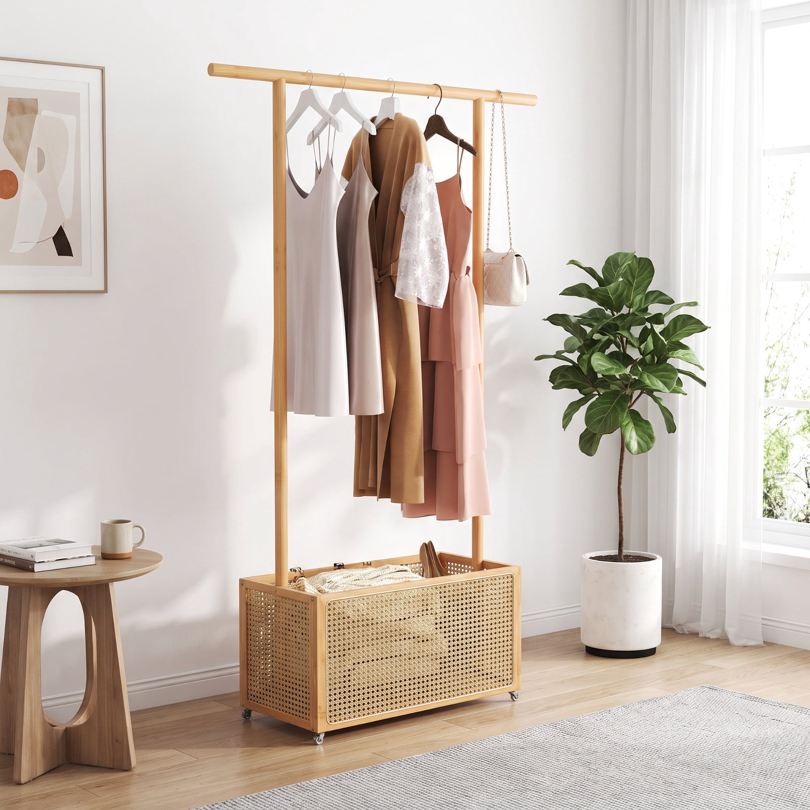 Furnibear Bamboo Clothes Rack with Wheels Woven Rattan Storage Basket and Hanging Rod Rolling Garment Rack for Bedroom and Entryway, Natural