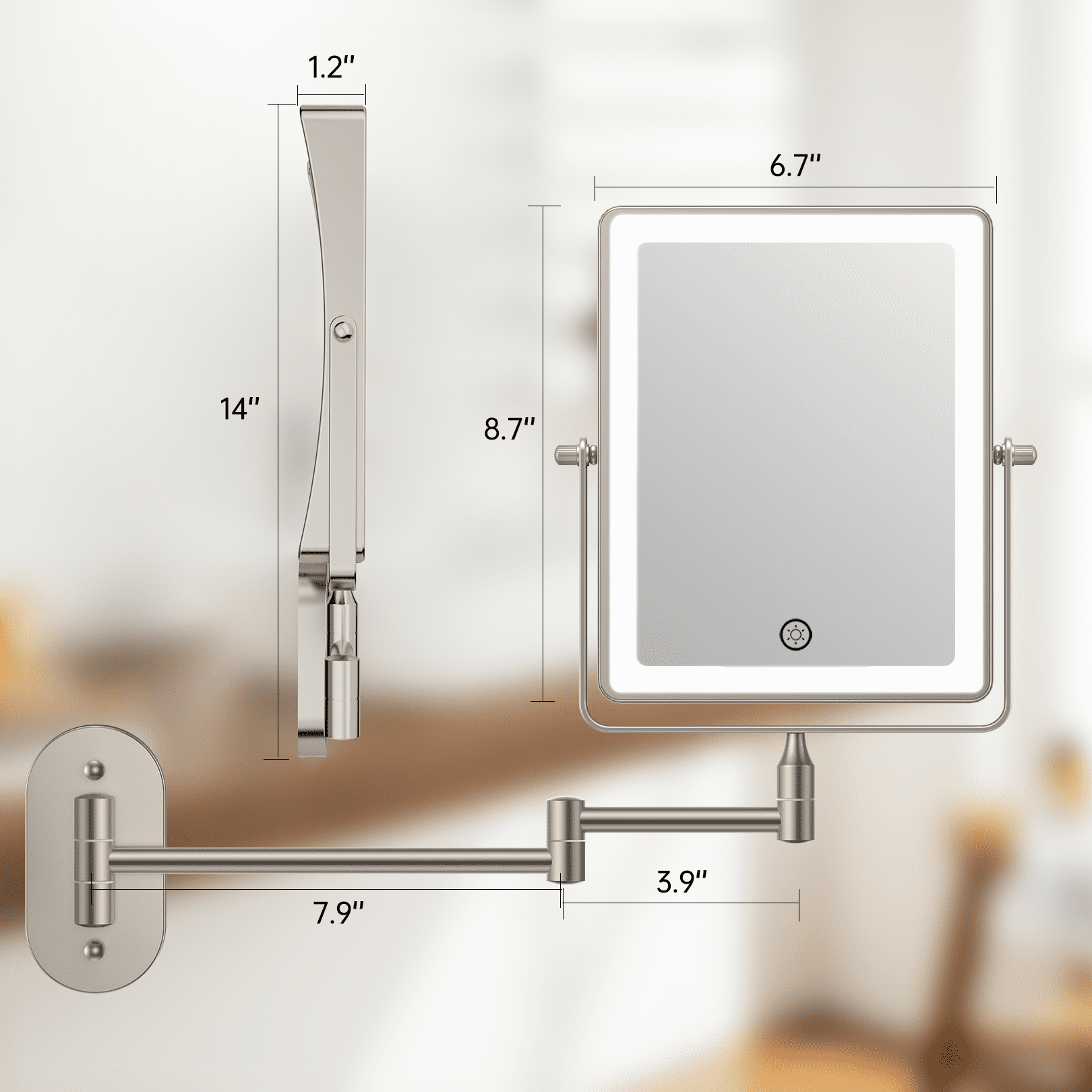 Funtouch Double Sided 1X 10X Magnifying Wall lighted Mounted Makeup Mirror with Extended Arm, 360° Swivel Foldable, 3 Color Settings,Nickel