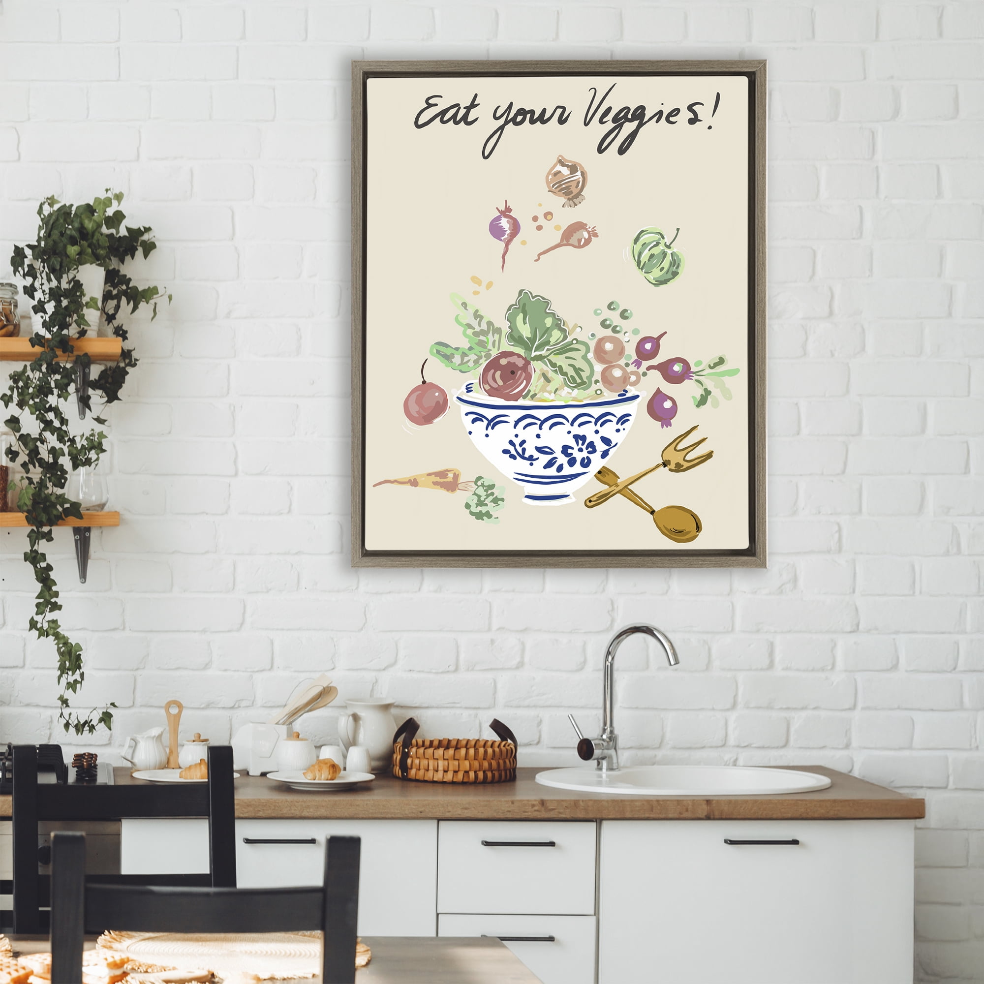 Stupell Industries Eat Your Veggies Bowl Brown Framed Floater Canvas Wall Art, design by Ani Del Sol