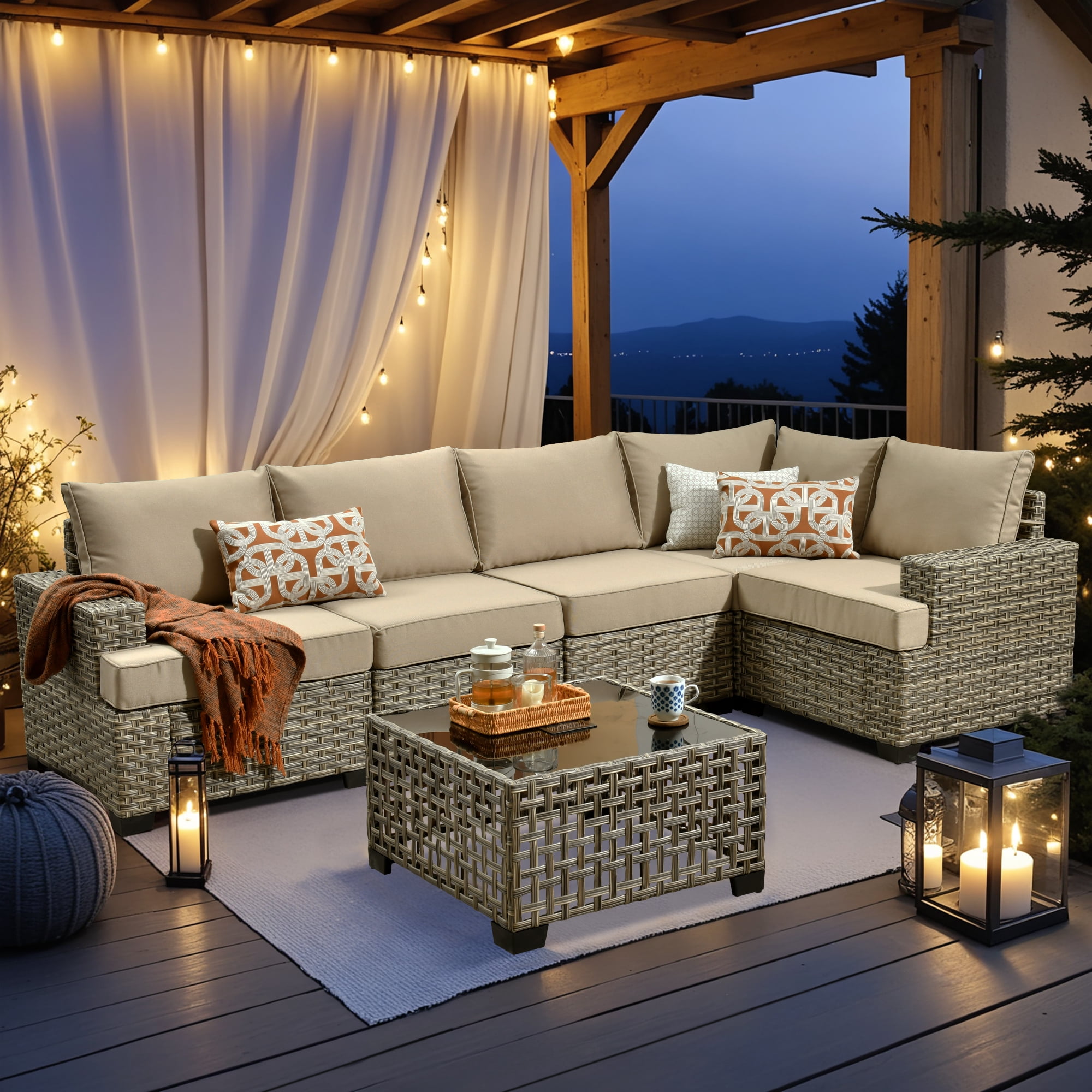 Vcatnet 6 Pieces Outdoor Patio Furniture Sectional Sofa PE Rattan Wicker Conversation Set with Solar Powered Coffee Table Beige