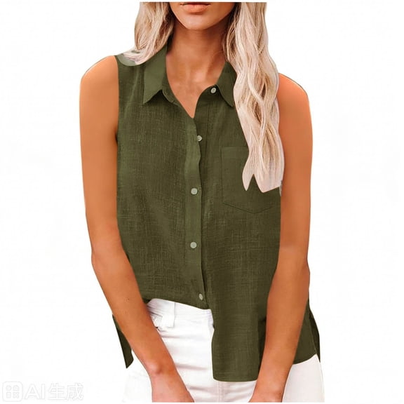 Kukoosong Women's Casual Sleeveless Crop Top with Turn Down Collar and Button Closure Solid Color Blouse for Summer Daily Wear Women's Tank Tops