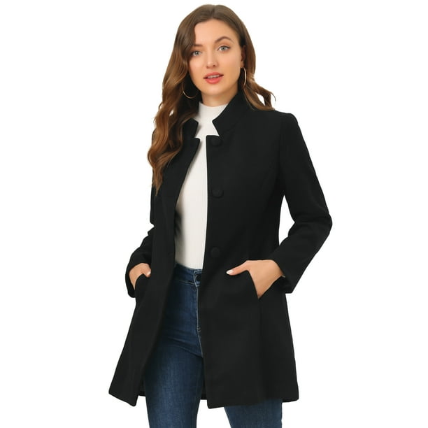Abrigo De Invierno Elegante PaMujer Abrigo Largo De Un Solo Pecho Con Cuello Alto En Mitad Del Muslo Negro 3XL
