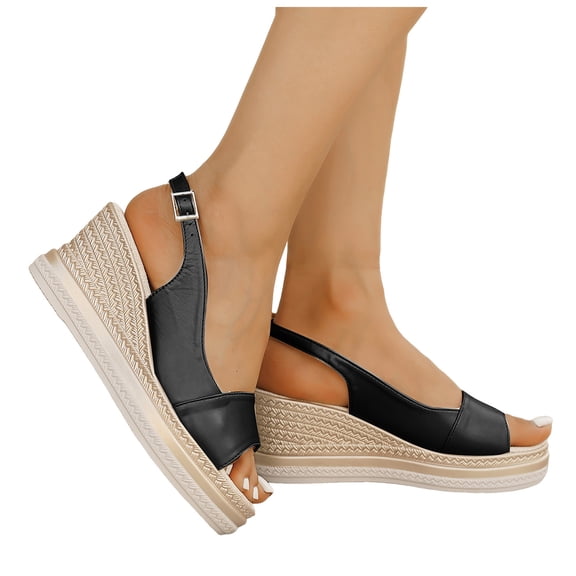 Rokment Womens Metallic Color Block Platform Wedge Dressy Sandals Vintage Casual Leather Peep Toe Chunky High Heels Slingback Dress Summer Shoes with Adjustable Back Strap for Ladies Black Size 6