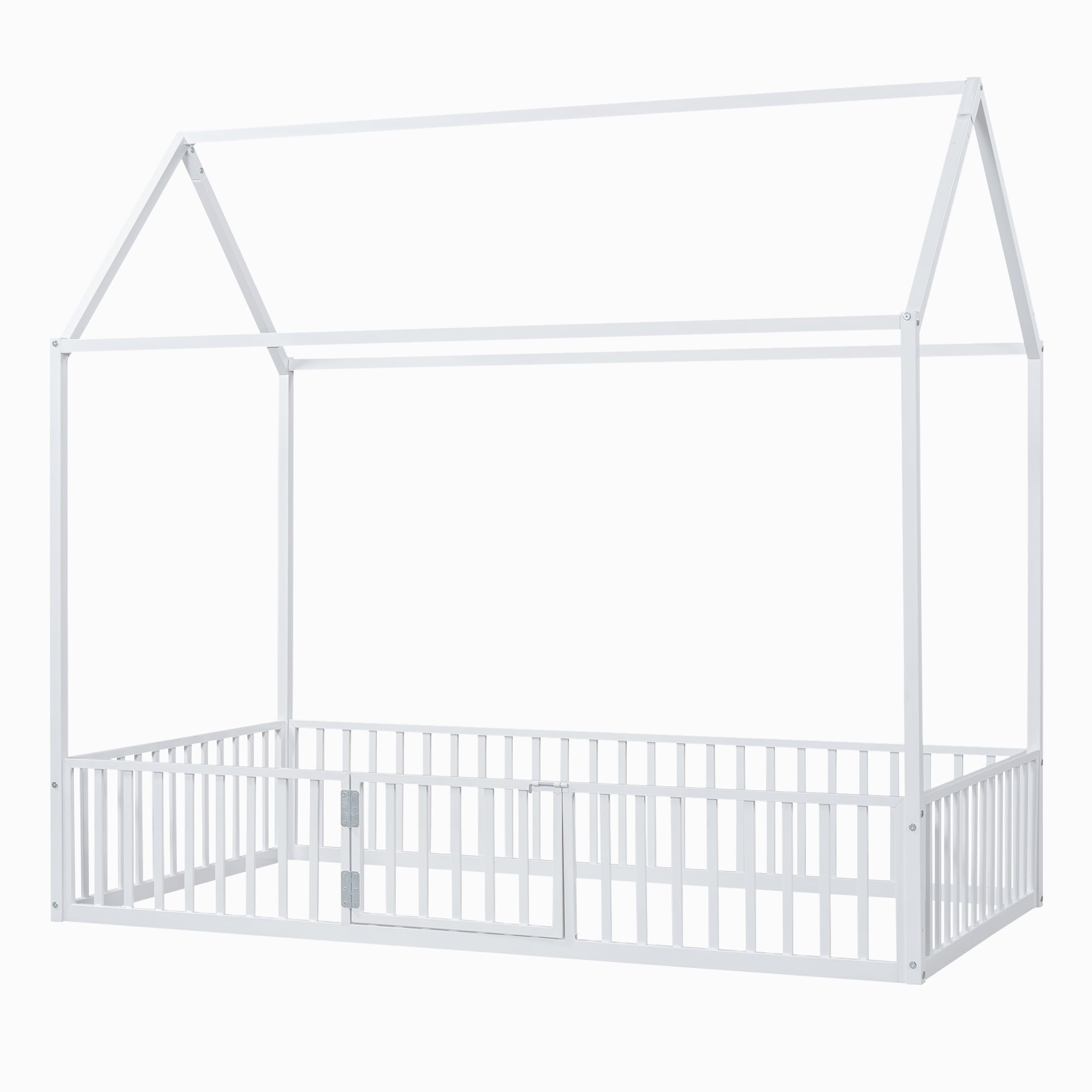 Euroco Metal Twin Size House Bed with Fence and Door for Kids, White