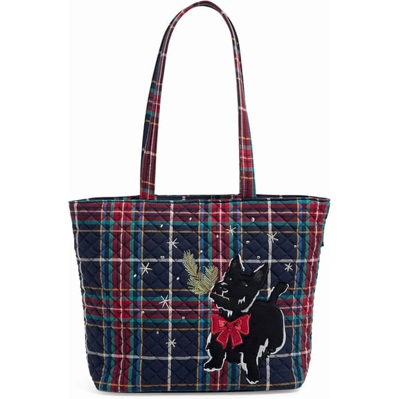 Vera Bradley Women's Cotton Small Vera Tote Bag in Tartan Plaid with Scottie Dog