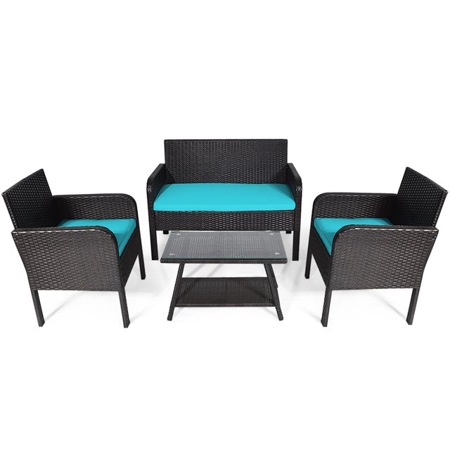 Topbuy 4 Pièces Patio Rotin Canapé Ensemble Conversation Ensemble avec Table en Verre Trempé Turquoise