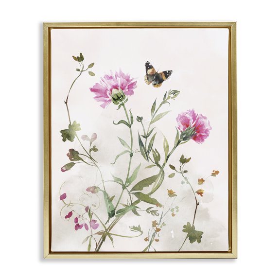 Stupell Industries French Country Fluttering Butterfly Garden Blooms Gold Floating Frame Canvas Art, 25 x 31, by Nina Blue