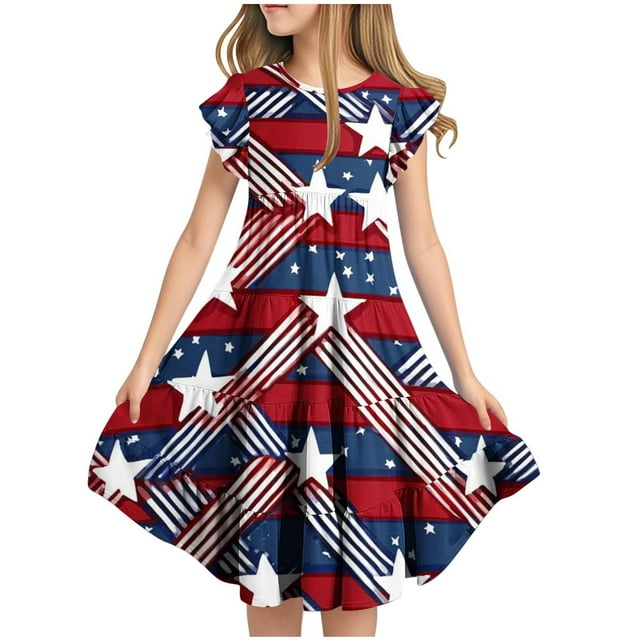 LMKIHUSA Robe du 4 Juillet pour Enfants Imprimé Graphique Jour de l'Indépendance Robes Sans Manches Col Rond avec Poches Tenues Décontractées Été Robe Princesse Bleue, 10 Ans