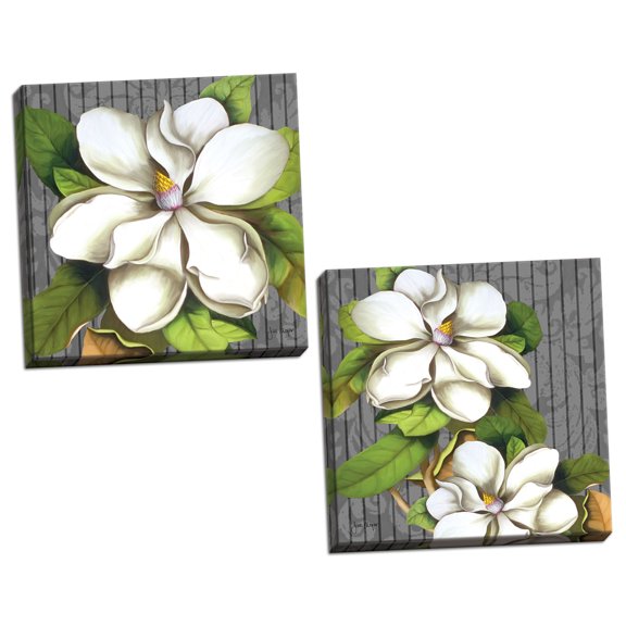 Gango Home Decor Modern Magnificent Magnolias I & II by Jill Meyer (Ready to Hang); Two 12x12in Hand-Stretched Canvases