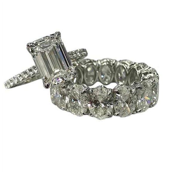 HeartsAndYou 8ct Moissanite Bridal Set Emerald Cut Solitaire Ring Oval Band White Gold Plated Sterling Silver Stylish