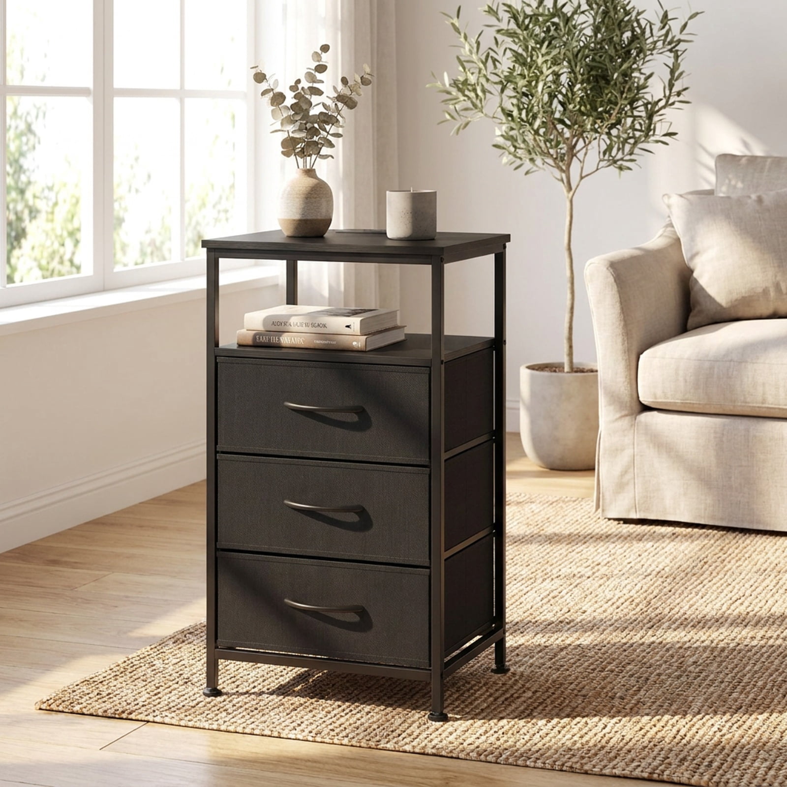 Furnibear Nightstand with Charging Station 27.5 inch Modern Bedside Table with 3 Fabric Drawers for Bedroom Living Room Bedside Sofa Side, Black