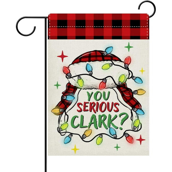 Christmas Vacation Decorative Garden Flag, Funny Xmas Classic Movie You Serious Clark Hat Burlap Yard Home Decoration, Winter Holiday Plaid Small Outside Outdoor Decor Double Sided 12 x 18