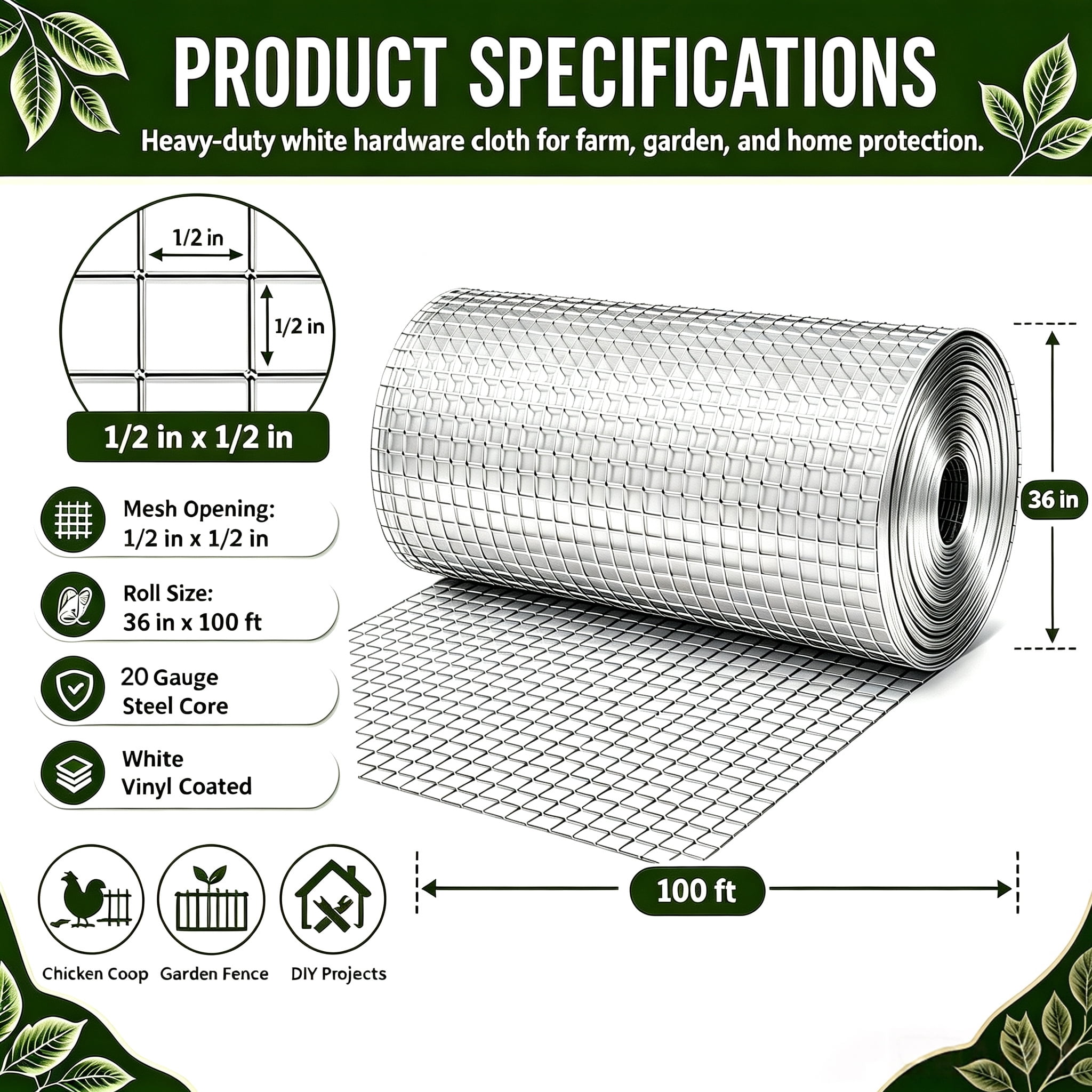 Metal Mesh with 1/2-Inch Welded Chicken Wire 36x100 FT, White Hardware Cloth and Garden Plant Fencing for Chicken Coops Home Renovation, White