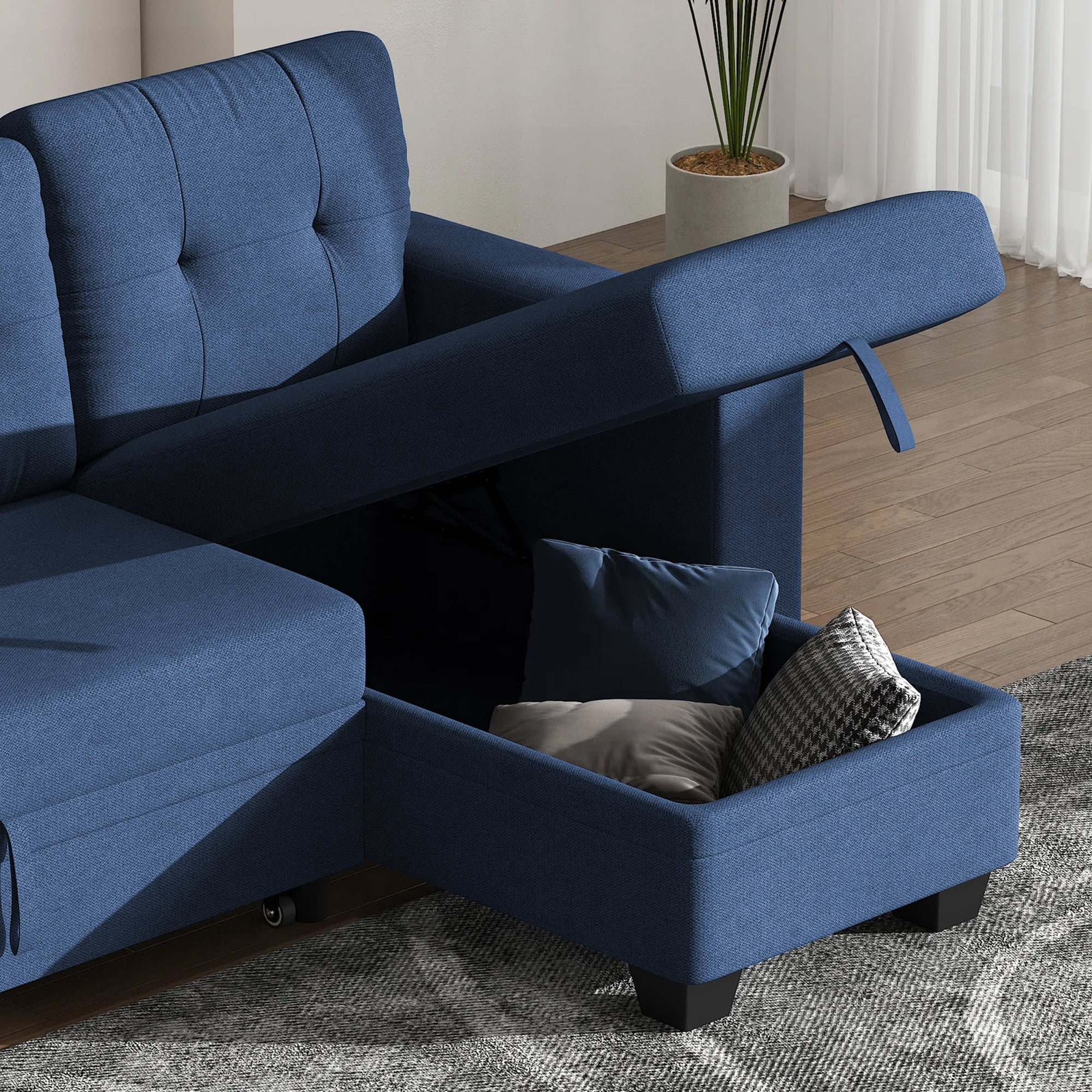 DEALTOPS Linen Reversible Sleeper Sectional Sofa Bed with Storage Chaise,Blue