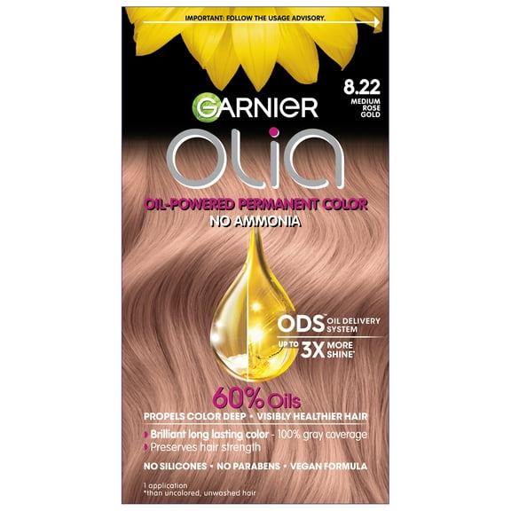 Garnier Olia Oil Powered Permanent Hair Color, 8.22 Medium Rose Gold