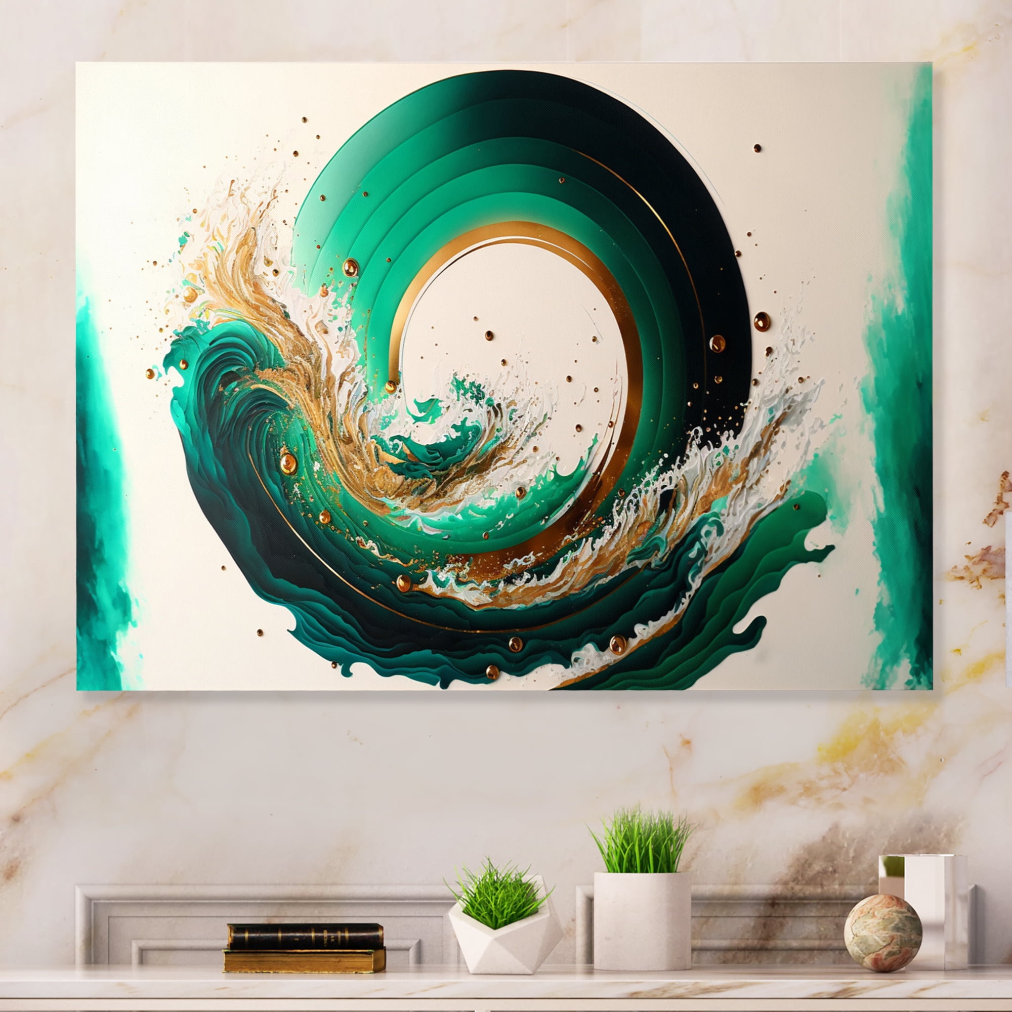Designart Green And Gold Crashing Waves III Canvas Wall Art