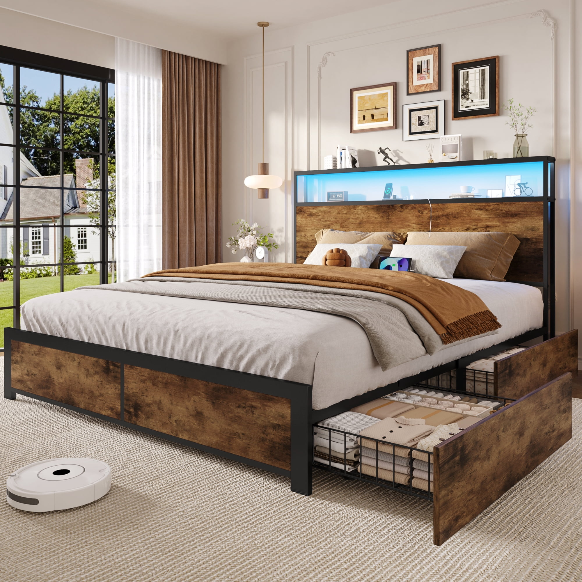 Bolvdo Queen Platform Bed Frame with Headboard, 4 Storage Drawers & USB Charging Station, LED Lights & Metal Support, Vintage Brown
