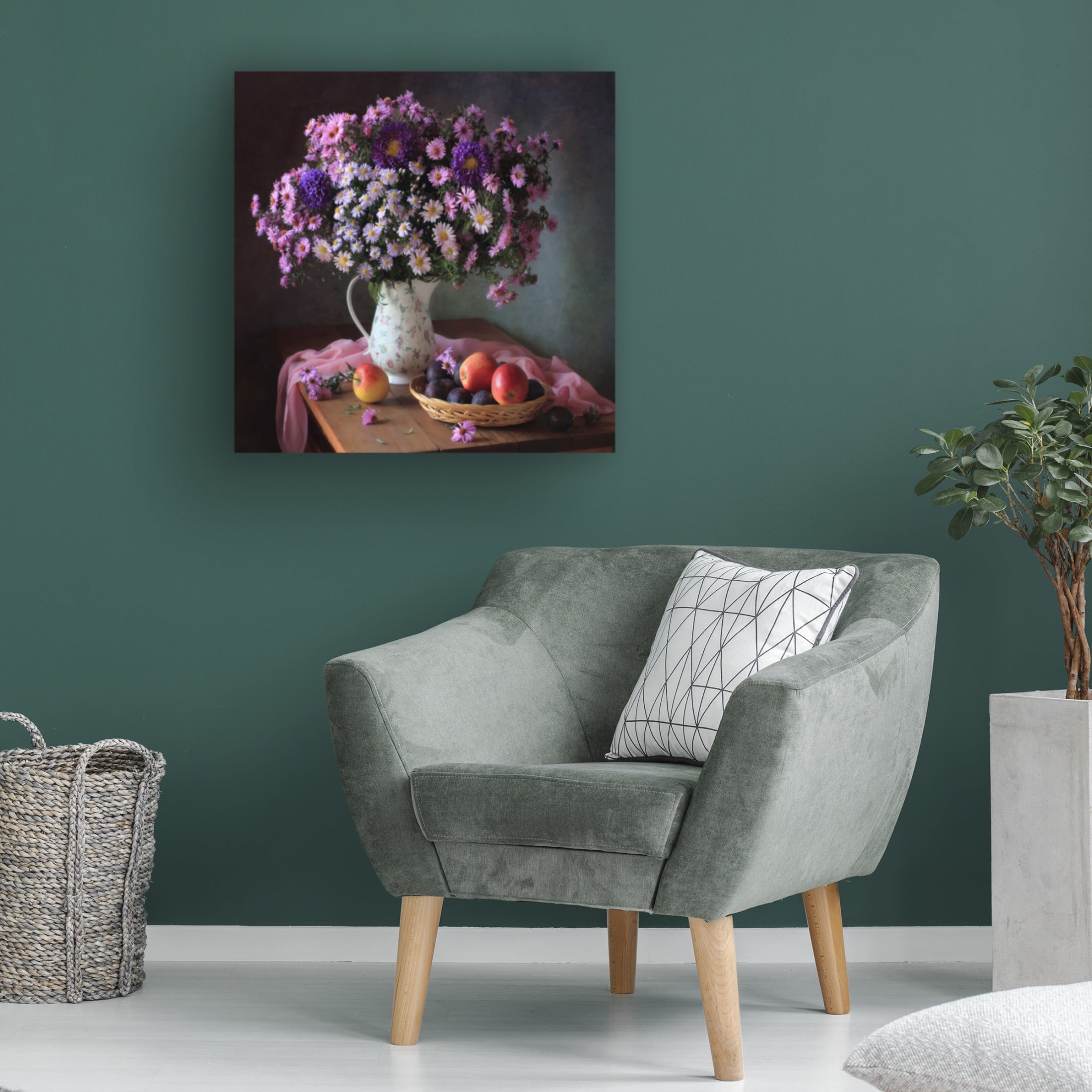 Canvas Wall Art - Tatyana Skorokhod 'Still Life With A Bouquet Of Chrysanthemums And Fruits' Wall Art for Living Room, Bedroom, or Office D?cor by Trademark Fine Art - 14 x 14 Inches