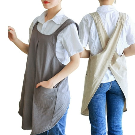 

Women Apron Cotton Linen Solid Color Simple Japanese Korean Style Slip off Cross-shoulder Straps Spacious 2 Pockets Antifouling Pinafore