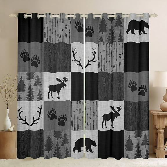 Homewish Safari Bear Deer Black Out Curtains,Jungle Animal Curtains Pack of 2 (42x63 Each),Gray White Plaid Bedroom Curtains For Teens,Ultra Soft Home Decor