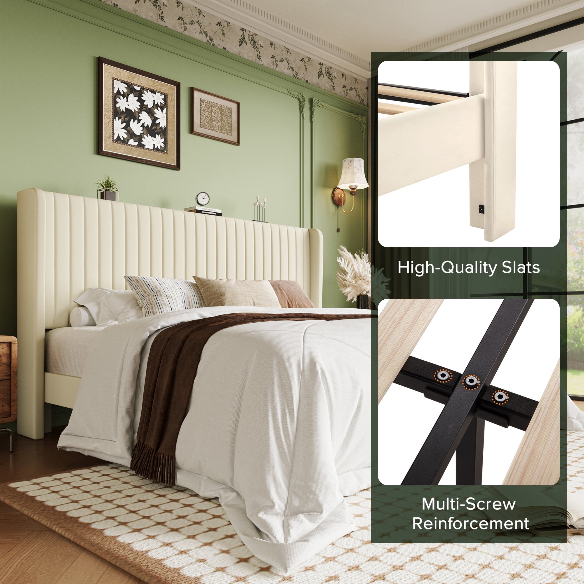 Einfach King Bed Frame, Upholstered Platform Bed with Wingback Headboard, No Box Spring Required, Cream White