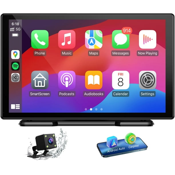 Volam Pantalla portátil CarPlay/Android Auto de 9'',con cámara de reversa,Estéreo inalámbrico con Control de Voz,Bluetooth,Mirror Link y navegación GPS,Compatible con Todos los vehículos