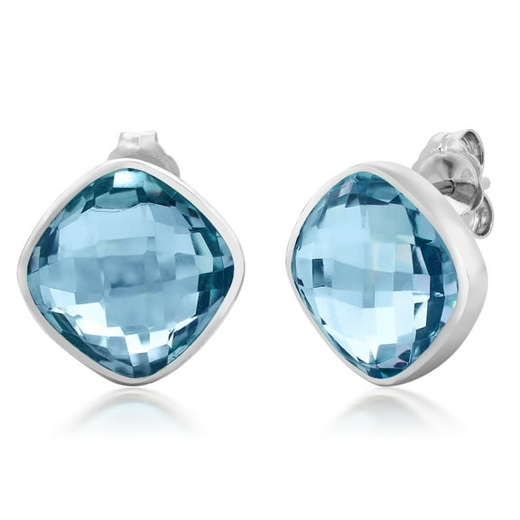 Gem Stone King 925 Sterling Silver Blue Topaz Stud Earrings for Women Men (12.00 Cttw, Gemstone Birthstone, Cushion Checkerboard 12MM)