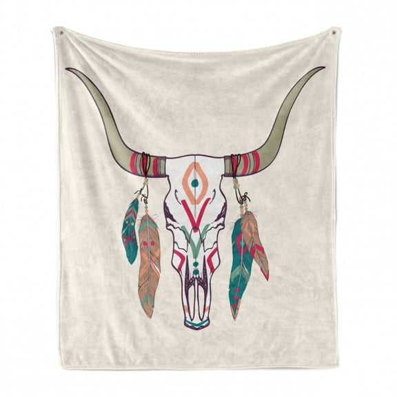 Tribal Soft Flannel Fleece Throw Blanket, Texas Longhorn Steer Cow Skull Style Colorful Feathers Hanging on Horns, Cozy Plush for Indoor and Outdoor Use, 50" x 70", Multicolor, by Ambesonne