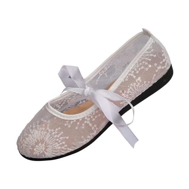 Zapatos Redondos Encajes de Moda Casual de las Mujeres con Encaje Bowknot Versátil Dulce Suave Suelado Zapatos Planos Transpirables
