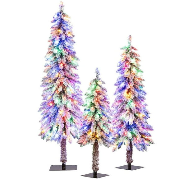 GVN Set of 3 Artificial Christmas Trees with Snow-flocked Branch Tips, Xmas Decoration Tree for Indoor, Outdoor, Holiday Decor, Green & White