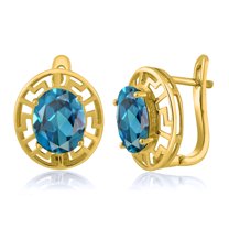 Gem Stone King 18K Yellow Gold Plated Silver London Blue Topaz Greek Key Earrings for Women (6.00 Cttw, Gemstone November Birthstone, Oval 10X8MM)