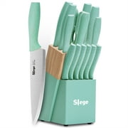 Slege 15-piece Kitchen Knifes with Wooden Block and Sharpener, Professional Chef Knife Sets with Sharpener Scissors, Stainless Steel Sharp knives for Home, Green Wheat Straw Handle, Light