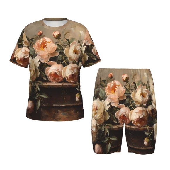 Balery Vintage Peonies Rustic Charm Conjunto de Pijama Infantil de Manga Corta con Estampado – Ropa de Dormir de Algodón Suave-Medium