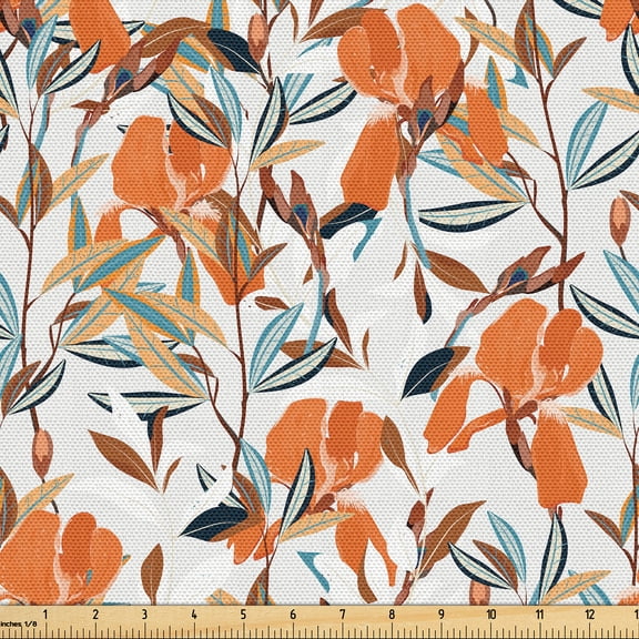 Ambesonne Botanical Fabric by the Yard Upholstery, Iris Flowers Vintage Plot, 2 Yards, Burnt Orange Blue Grey