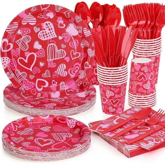 Caltero 168 PCS Valentine Day Paper Plates and Napkins,Heart Disposable Plates and Napkins for Valentine Day Holiday Party Supplies, Includes Plates Napkins Cups Knife Fork Spoon