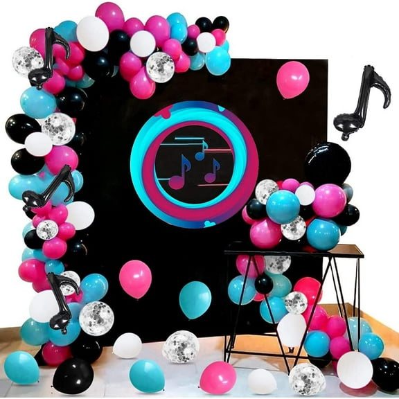 AOWEE Girl Birthday Music Party Supplies, TikTok Balloon Garland Party Decoration with Hot Pink Blue Black White Balloon, Note Foil Balloons for Musical Short Video Party