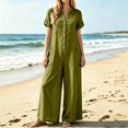 thumbnail image 2 of TOUMENY Spring Fall Jumpsuits for Women Wide Leg V Neck Button Front Jumpsuit Casual Loose Vacation Travel Lounge Romper Green M, 2 of 7