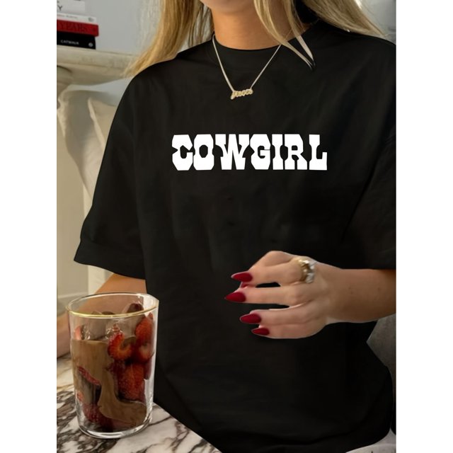 Vintage Style Women'S T-Shirt - 100% Polyester Crew Neck Short Sleeve Tee with Geometric Cowgirl Print for Summer