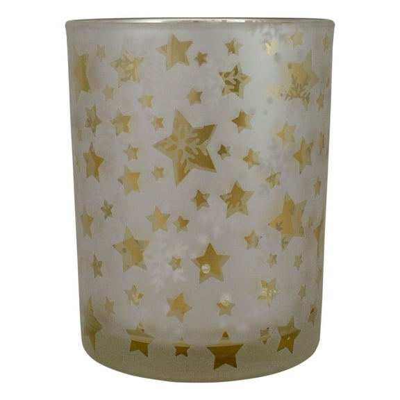 Northlight 5" Matte Silver and Gold Stars and Snowflakes Flameless Glass Candle Holder