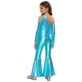 thumbnail image 2 of TiaoBug Girls Metallic One Shoulder Flared Jumpsuit 70s Disco Dance Outfit Kids Pageant Party Formal Romper Light Blue 10, 2 of 7
