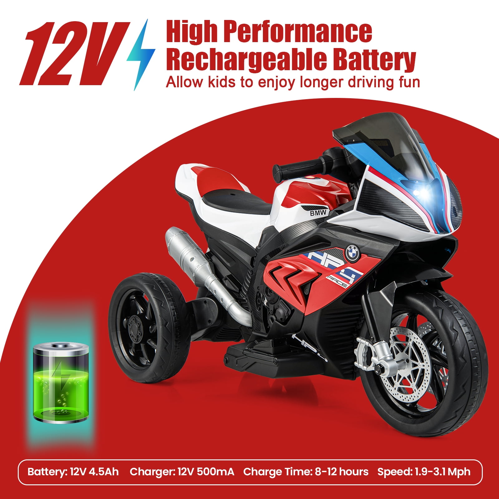 Infans 12V Kids Ride on Motorcycle Licensed BMW 3 Wheels Electric Toy w/ Light & Music