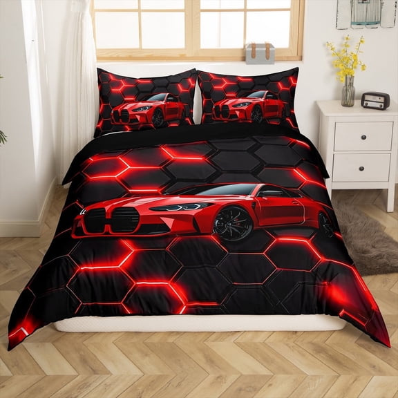 Erosebridal Fast Car Comforter Cover Twin,Black Red Bedding Twin Size,Car Theme Duvet Cover Twin,Microfiber Geometric Room Decorative(No Comforter),Reversible,3pcs