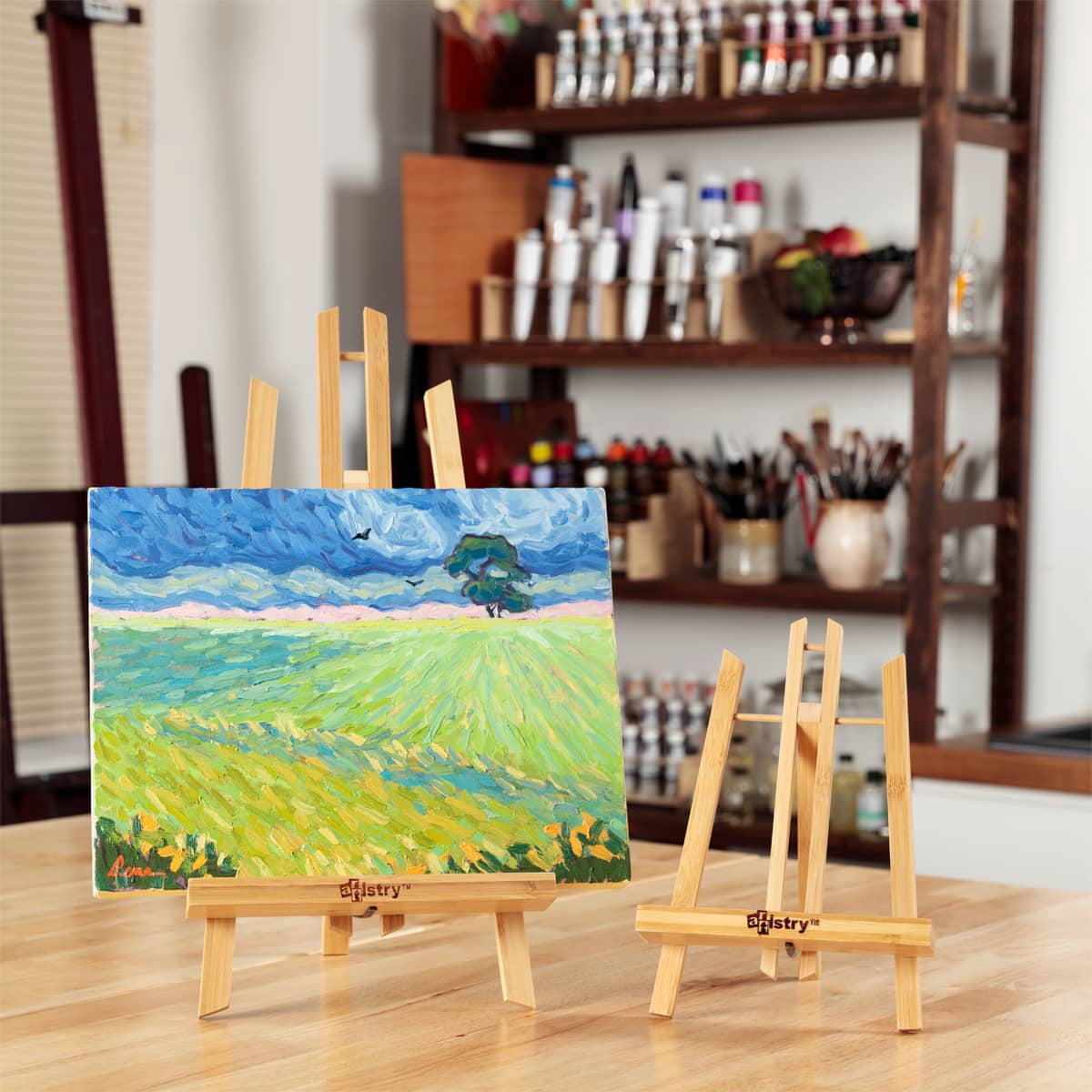 Stein Design Artistry Display Easels - Foldable A-Frame Easels for Presentation, Paintings, Signs, Markets, & More! - [Bamboo Finish - SmAll]