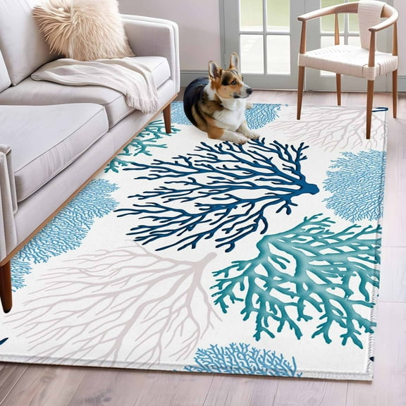 Navy Blue Coastal Area Rug 4x6 Washable Rug Non Slip Turquoise Coral Ocean Modern Sea Large Area Rug Indoor Floor Carpet for Entryway Bedroom Kitchen Living Room Home Office Dining Room Nursery