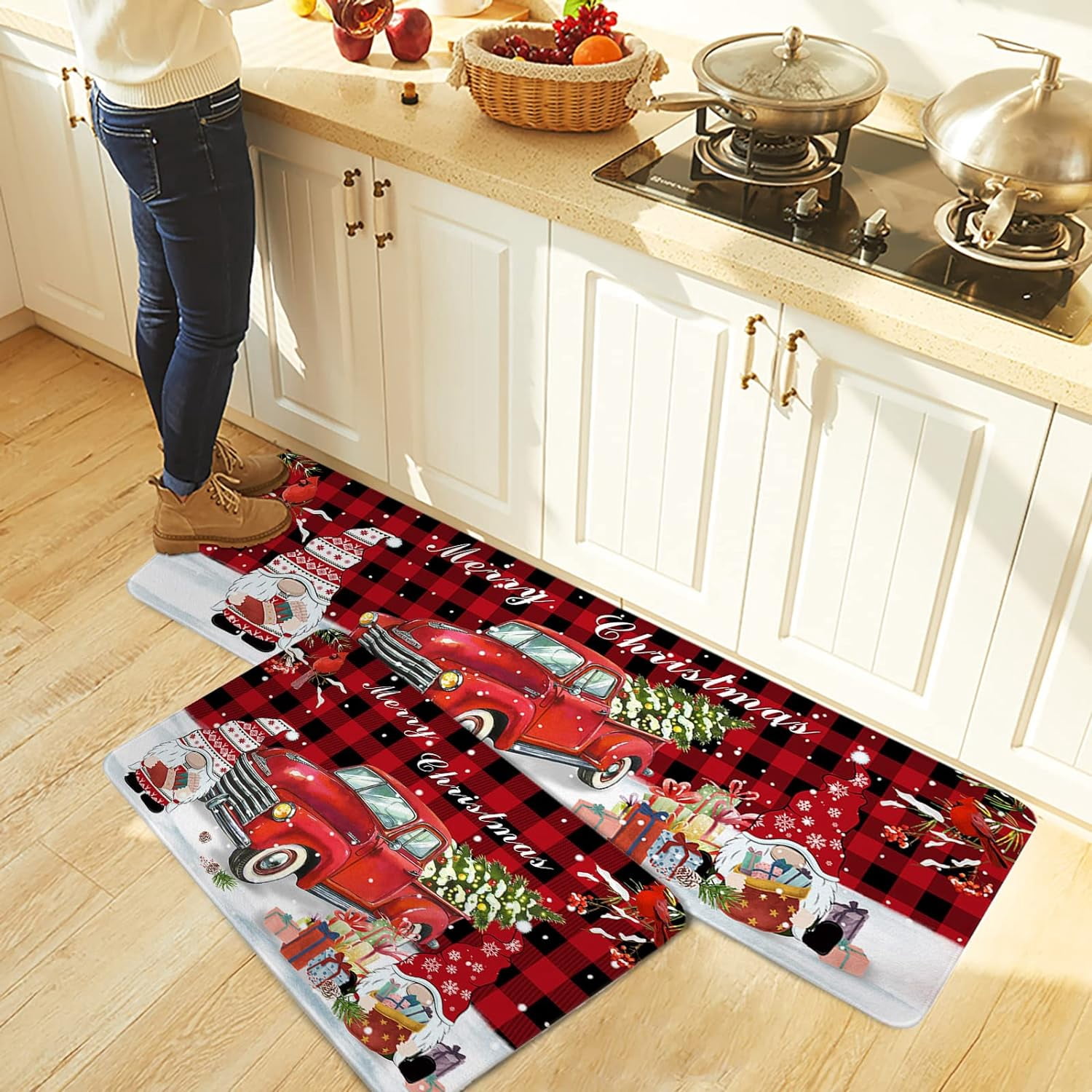 Kitchen Rug Mat Christmas Gnome Truck, Set of 2, Anti-Fatigue Non-Skid Washable Kitchen Runner Rugs, Red Buffalo Plaid Cardinals Soft Comfort Rug for Kitchen, Floor Home, Front of Sink, Laundry
