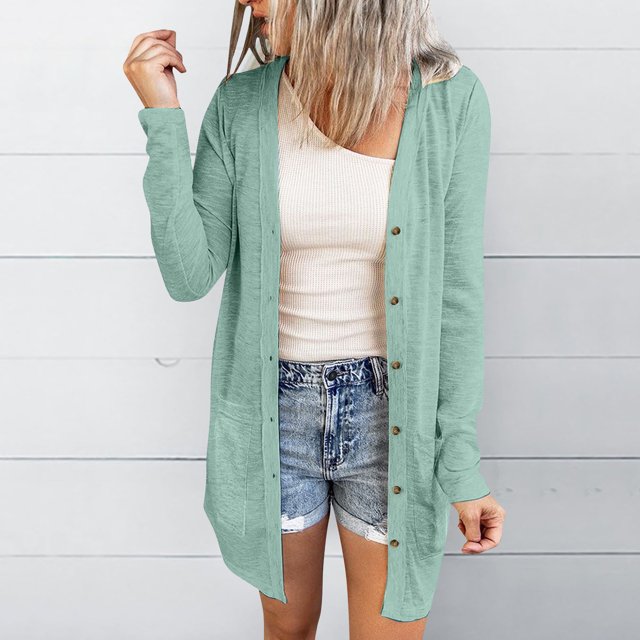 Chaquetas y prendas de vestir casuales sin capucha de manga larga de color para mujer, blusas casuales de manga larga con bolsillo y cárdigan con botones, chaqueta de algodón de color para mujer