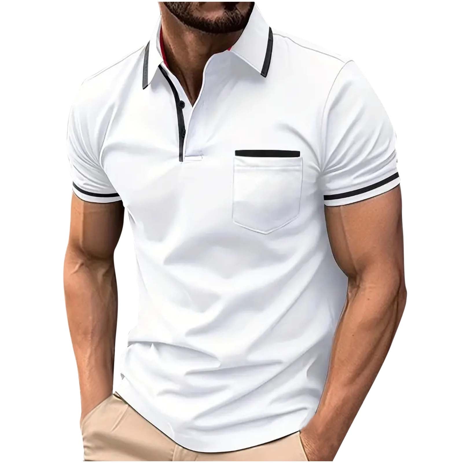 Dagegui Short Sleeve Shirt for Men Collared Golf T Shirts Gym Workout Muscle Tee Summer Slim Fit Pullover White Tops with Chest Pocket S
