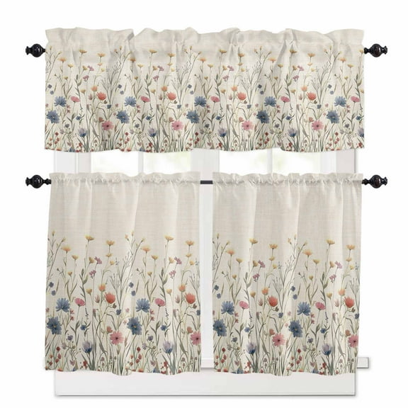 Spring Floral Kitchen Curtain Set, Watercolor Rustic Summer Botanical Window Valance and Tiers 36" Length, Light Filtering Short Curtains Valance for Cafe Bathroom Bedroom 54"x18"